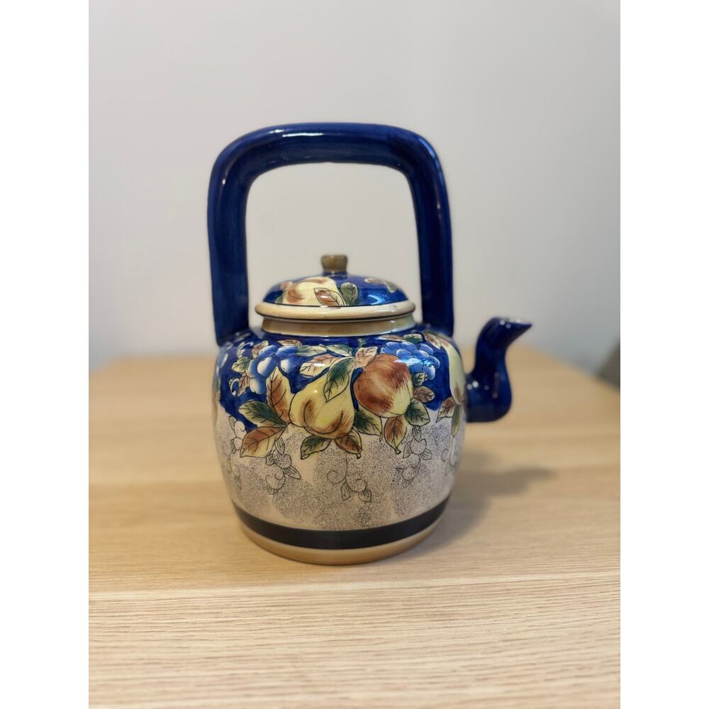 Ceramic Teapot Cobalt Blue Yellow Pears VINTAGE